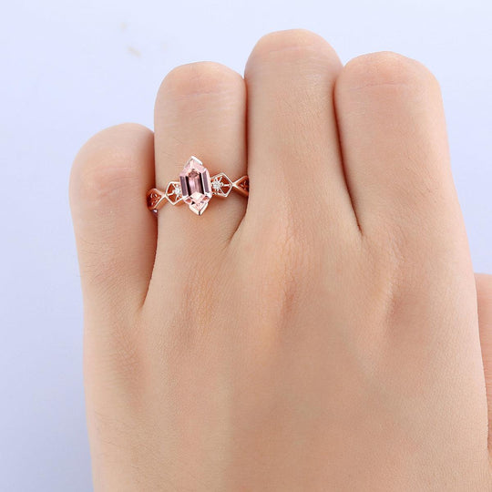 Vintage Half Eternity Natural Pink Morganite 14k Solid Gold Promise Ring - Esdomera