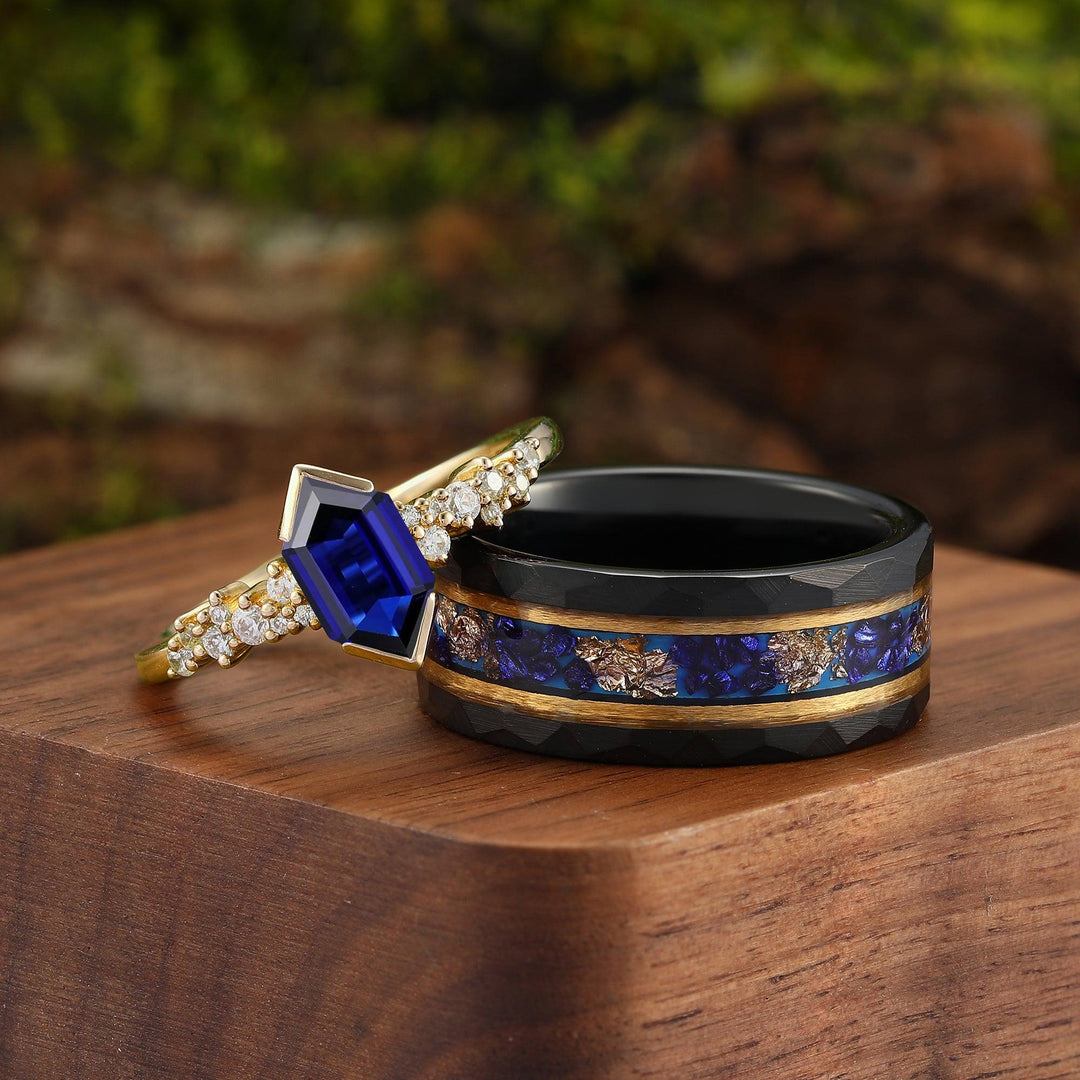 Vintage Hexagon Blue Sapphire Black Tungsten His and Hers