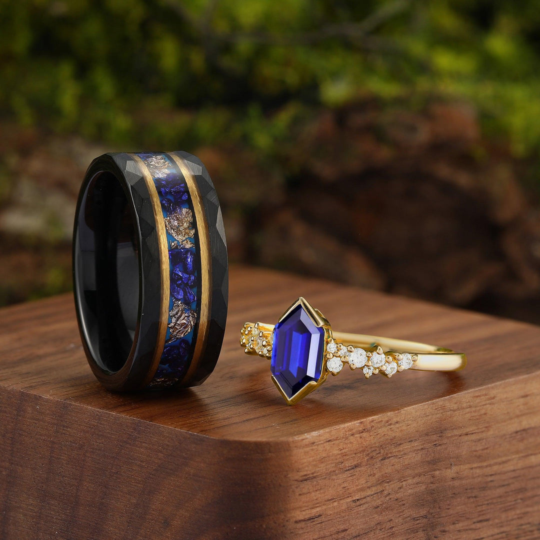 Vintage Hexagon Blue Sapphire & Black Tungsten His and Hers Wedding Band Unique Promise Ring Set - Esdomera