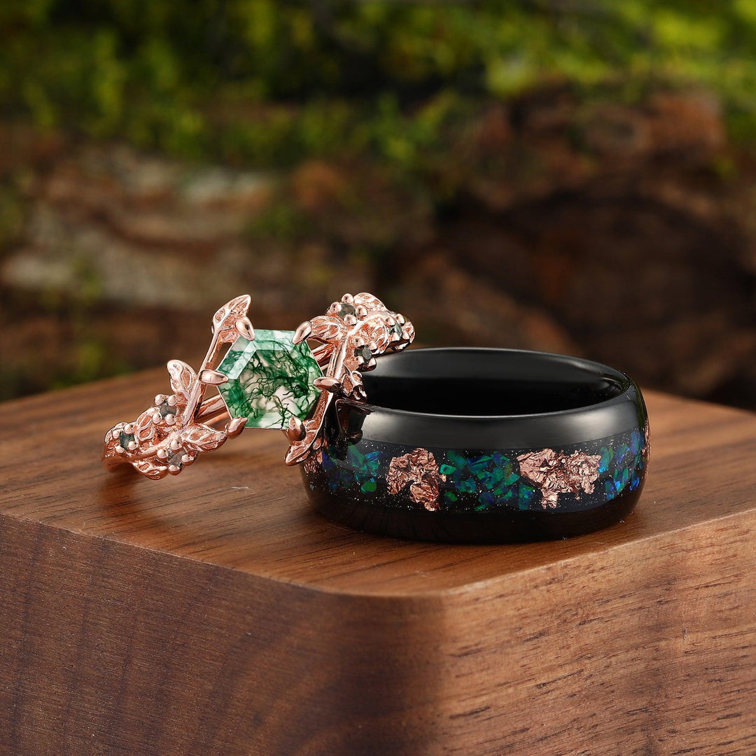 Vintage Hexagon Blue Sapphire Black Tungsten His and Hers