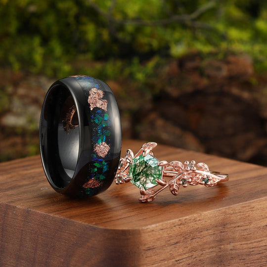 Vintage Hexagon Cut Moss Agate His and Hers Wedding Band Peacock Green Gold Leaf Tungsten Couple Rings - Esdomera