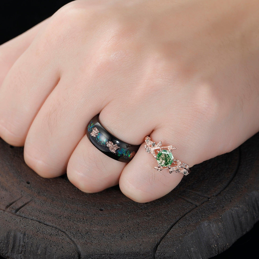 Vintage Hexagon Cut Moss Agate His and Hers Wedding Band Peacock Green Gold Leaf Tungsten Couple Rings - Esdomera