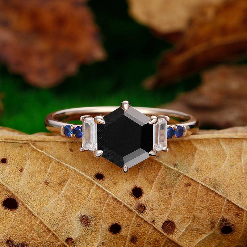 Vintage Hexagon Cut Natural Black Onyx with Sapphire Sterling Sliver Anniversary Women Ring - Esdomera