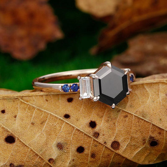 Vintage Hexagon Cut Natural Black Onyx with Sapphire Sterling Sliver Anniversary Women Ring - Esdomera