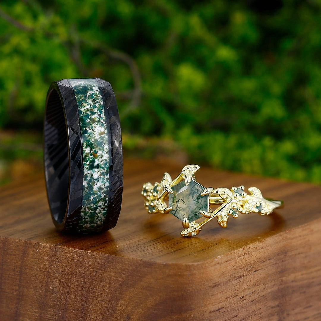 Vintage Hexagon Moss Agate Couples Ring Set 925 Sliver Plate Yellow Gold Art Deco Leaf His and Hers Wedding Band - Esdomera