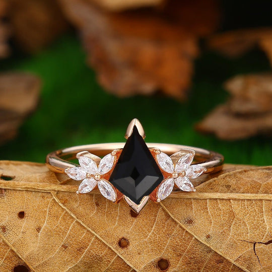 Vintage Kite Cut 1.35CT Natural Black Onyx Leaf Ring Art Deco Moissanite Wedding Band - Esdomera