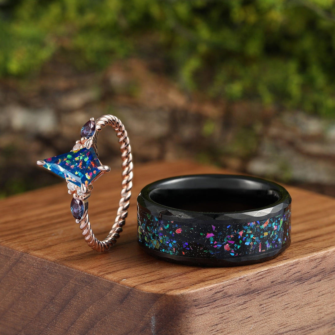 Vintage Kite Cut Black Fire Opal Crab Nebula Copules Ring Set His and Her Tungsten Wedding Band Alexandrite Ring - Esdomera