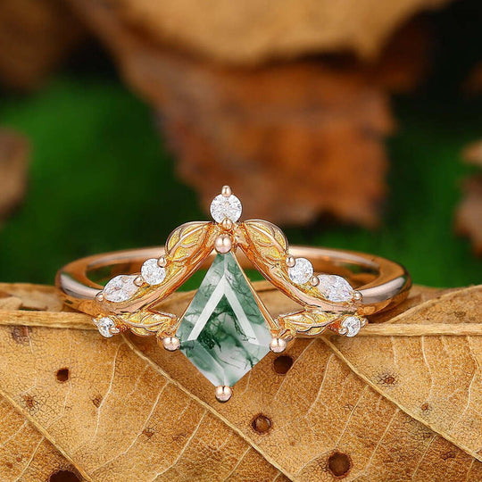 Vintage Kite Cut Green Moss Agate  14k Rose Gold Marquise Cut Moissanite Unique Bridal Wedding Ring