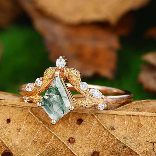 Vintage Kite Cut Green Moss Agate  14k Rose Gold Marquise Cut Moissanite Unique Bridal Wedding Ring