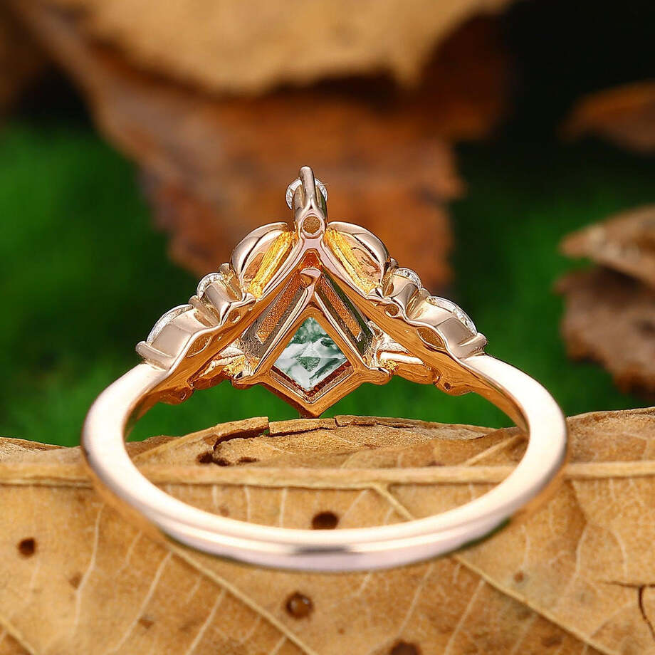 Vintage Kite Cut Green Moss Agate  14k Rose Gold Marquise Cut Moissanite Unique Bridal Wedding Ring