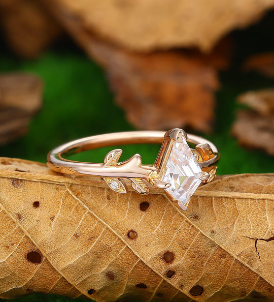 Vintage Kite Cut Moissanite Engagement Ring 14k Rose Gold Twig Leaf Ring Unique Bridal Wedding Ring - Esdomera