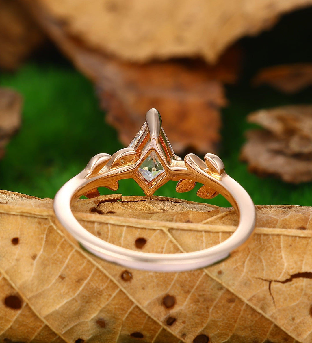 Vintage Kite Cut Moissanite Engagement Ring 14k Rose Gold Twig Leaf Ring Unique Bridal Wedding Ring - Esdomera