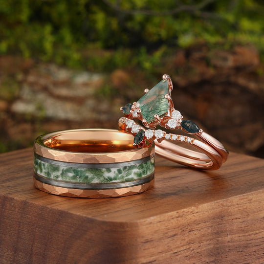 Vintage Kite Cut Moss Agate His and Hers Tungsten Wedding Band 925 Silver Matching Nature Couple Ring - Esdomera