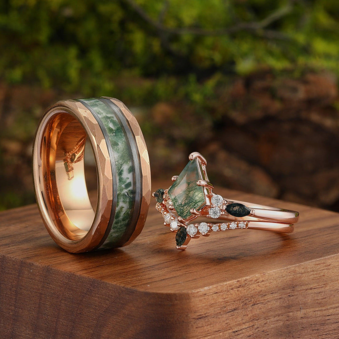 Vintage Kite Cut Moss Agate His and Hers Tungsten Wedding Band 925 Silver Matching Nature Couple Ring - Esdomera