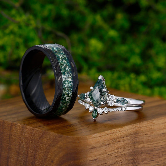 Vintage Kite Green Moss Agate Ring Couples Ring Set 925 Sliver His and Hers Wedding Band - Esdomera