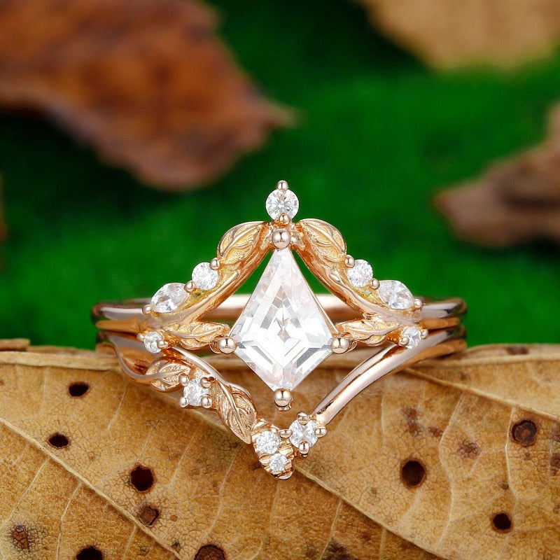 Vintage Kite Shaped 2CT Moissanite Engagement Ring Set Leaf Curved Wedding Band - Esdomera