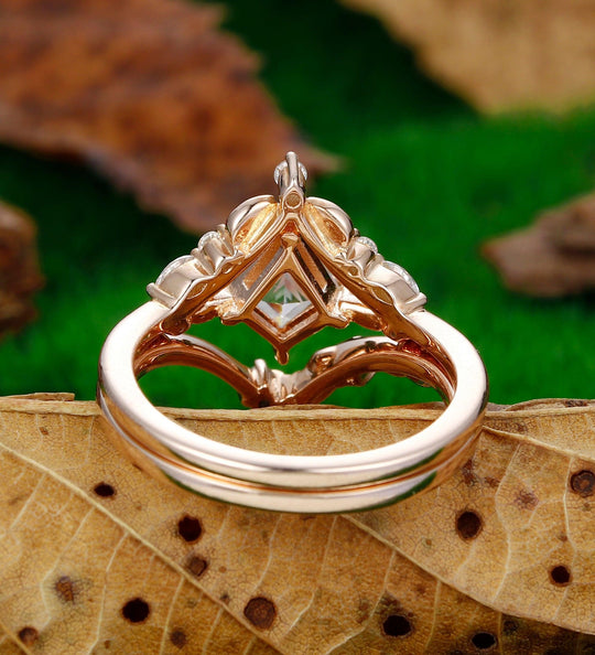 Vintage Kite Shaped 2CT Moissanite Engagement Ring Set Leaf Curved Wedding Band - Esdomera
