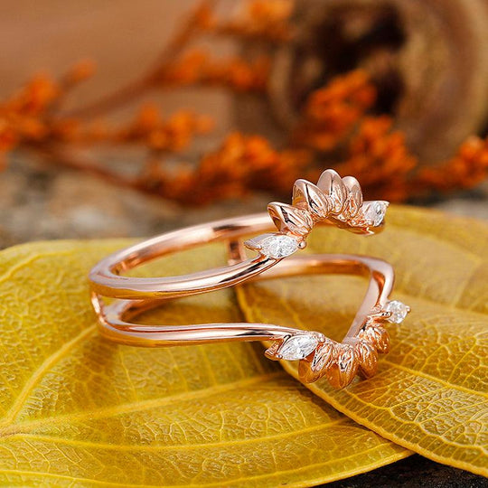 Vintage Leaf Curved Enhancer moissanite 14k Rose Gold Matching Stackable Wedding Band - Esdomera