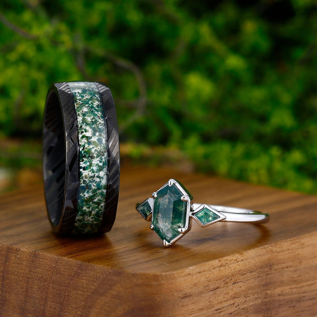 Vintage Long Hexagon Cut Moss Agate Couples Ring Platinum His and Hers Wedding Band - Esdomera
