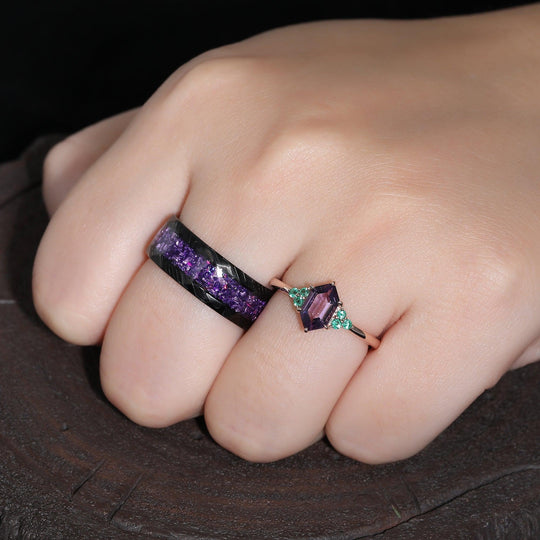 Vintage Long Hexagon Cut Natural Amethyst Couples Ring Set Tungsten His and Hers Wedding Band - Esdomera