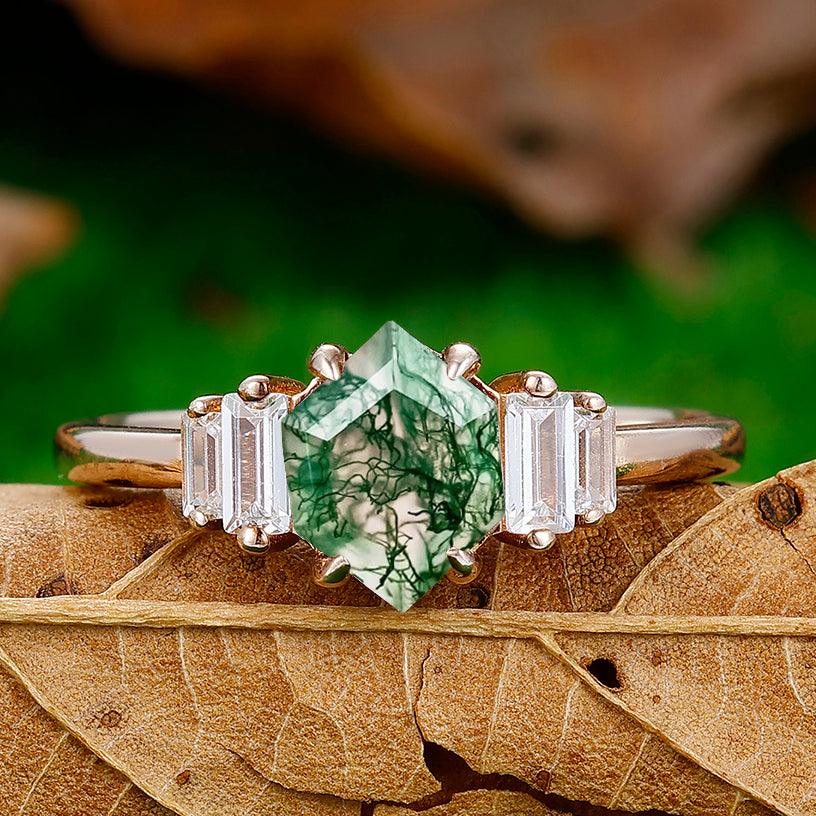 Vintage Long Hexagon Cut Natural Moss Agate Engagement Ring Anniversary Bridal Ring Gift - Esdomera