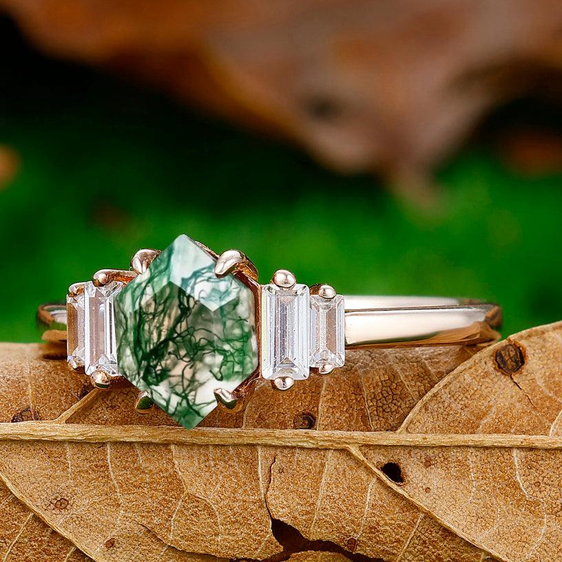 Vintage Long Hexagon Cut Natural Moss Agate Engagement Ring Anniversary Bridal Ring Gift - Esdomera