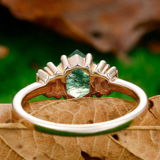 Vintage Long Hexagon Cut Natural Moss Agate Engagement Ring Anniversary Bridal Ring Gift - Esdomera