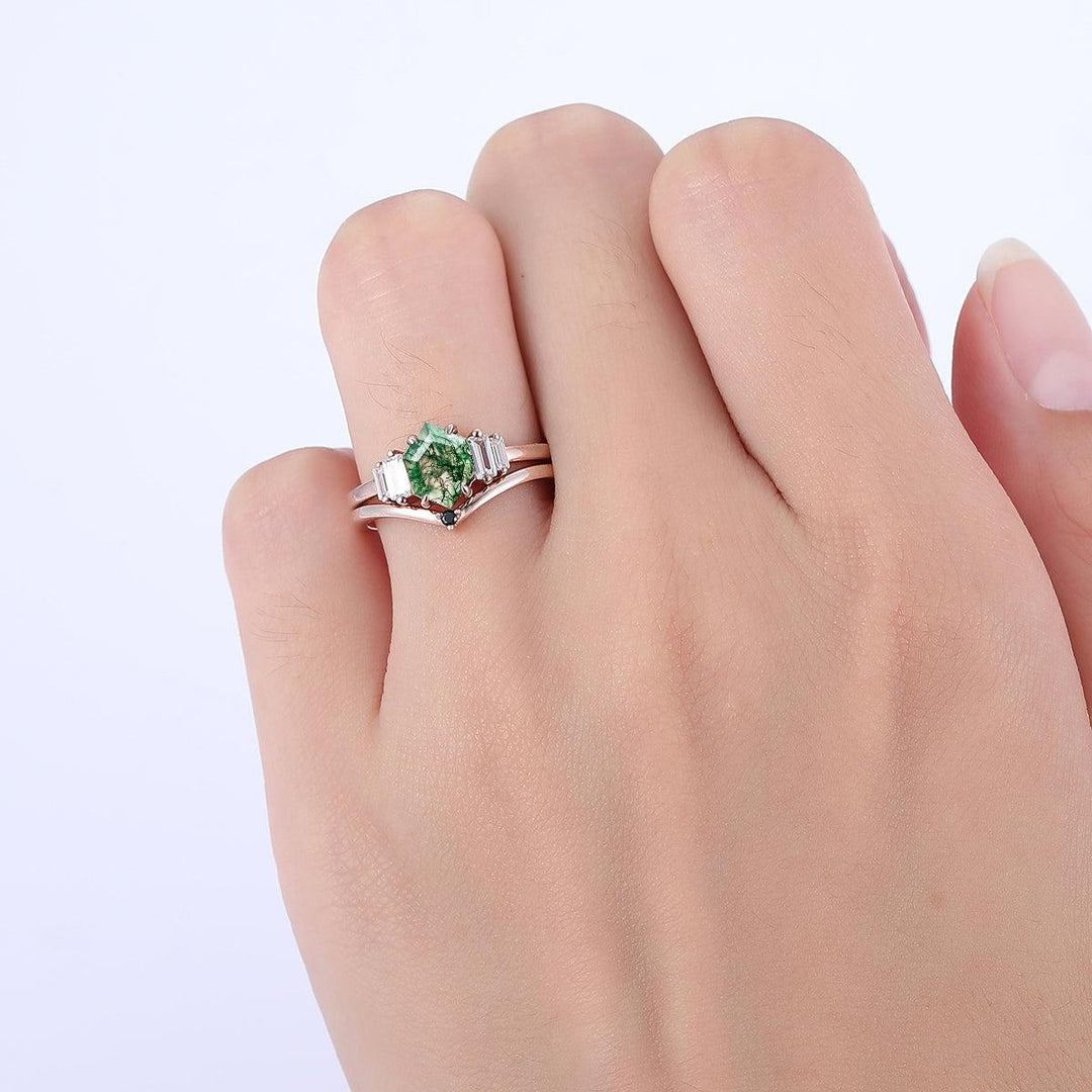 Vintage Long Hexagon Cut Natural Moss Agate Engagement Ring Anniversary Bridal Ring Gift - Esdomera