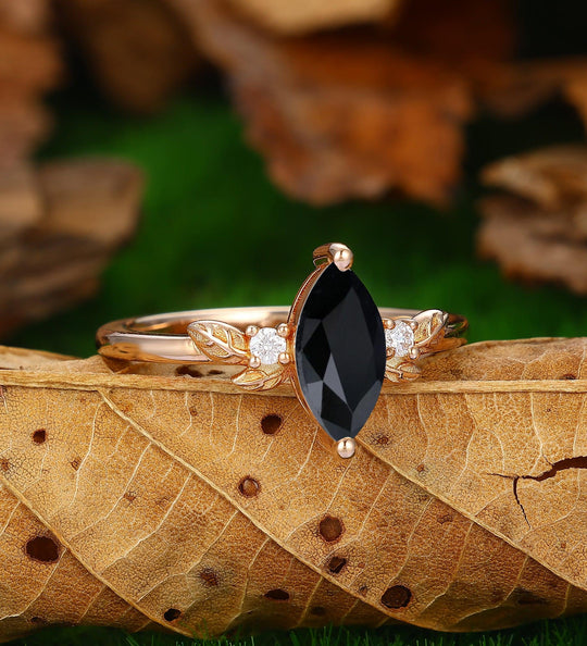 Vintage Marquise Black Onyx 14k Rose Gold Nature Inspired Art Deco Moissanite Ring - Esdomera