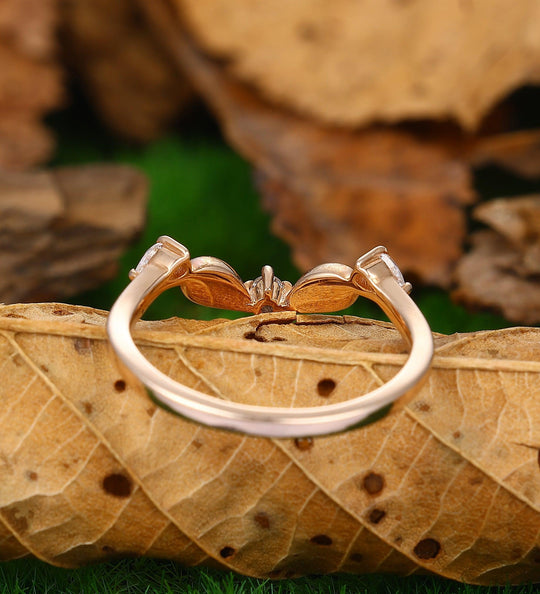 Vintage moissanite curved wedding band chevron rose gold leaf ring art deco stacking rings - Esdomera
