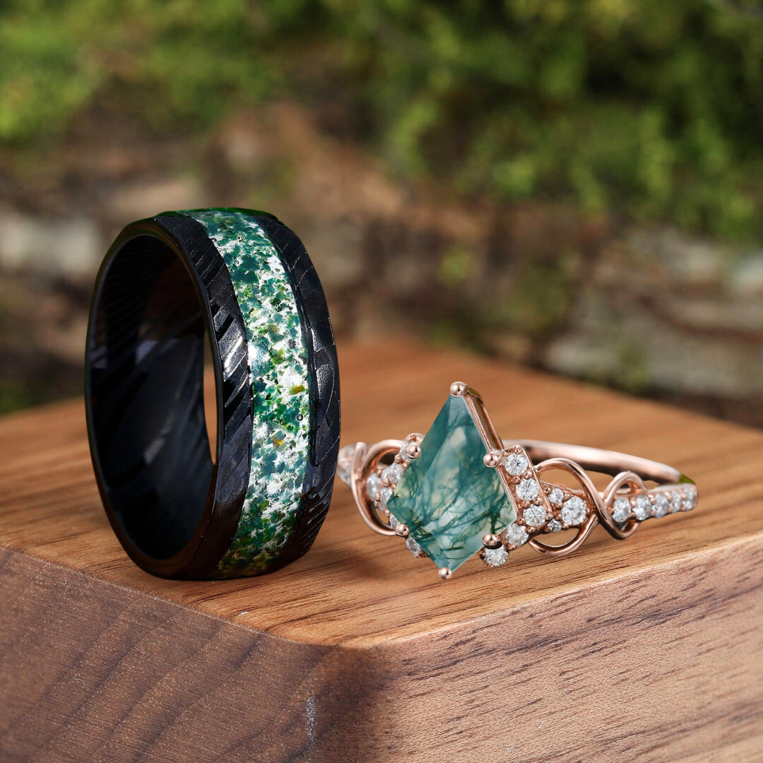 Vintage Moss Agate Deco Milgrain Moissanite Vine Engagement Couple Rings His And Hers Wedding Ring Set - Esdomera