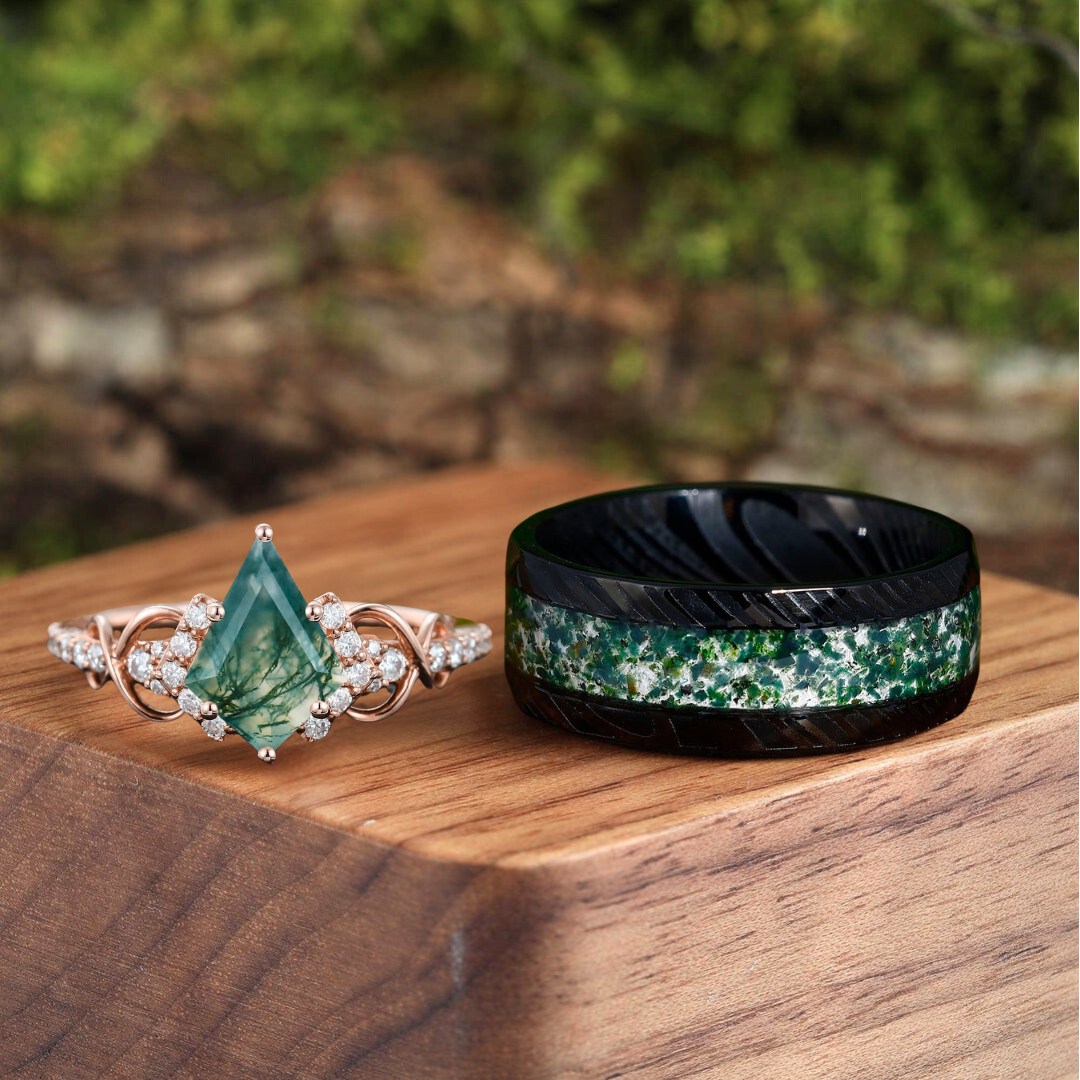 Vintage Moss Agate Deco Milgrain Moissanite Vine Engagement Couple Rings His And Hers Wedding Ring Set - Esdomera