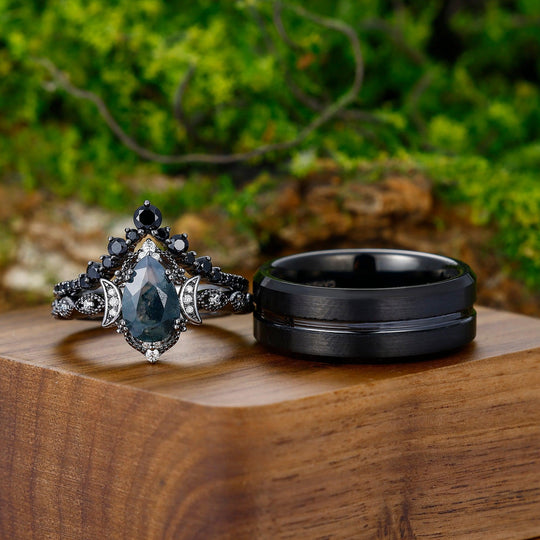 Vintage Natural Moss Agate Pear Black Obsidian Couples Ring Set - Esdomera