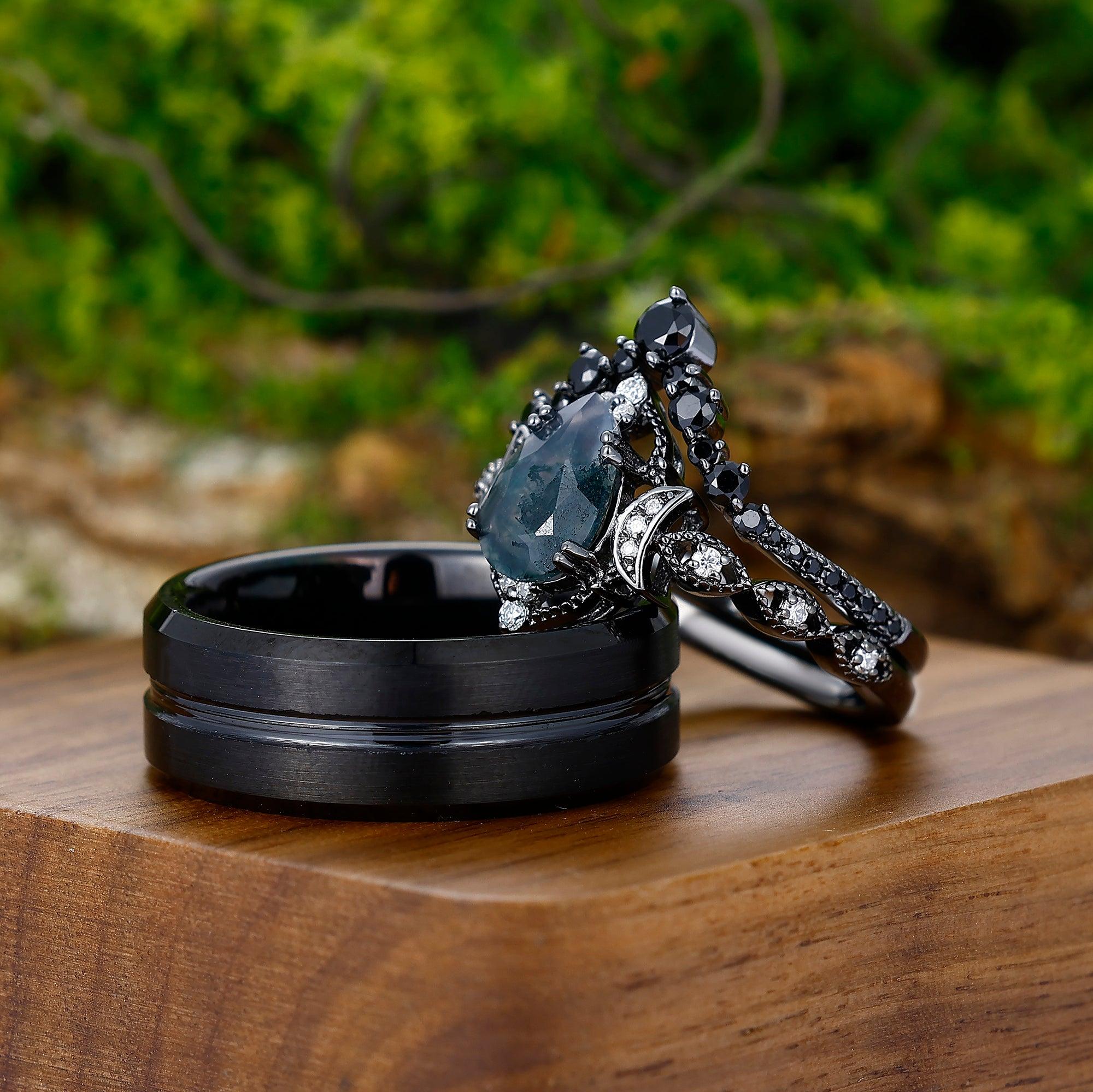 Vintage Natural Moss Agate Pear Black Obsidian Couples Ring Set