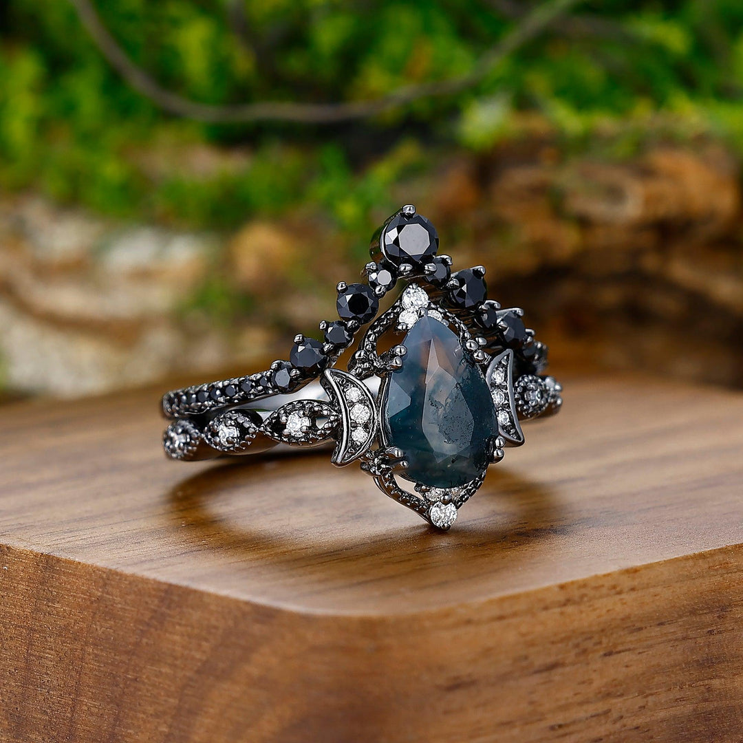 Vintage Natural Moss Agate Pear Black Obsidian Couples Ring Set - Esdomera