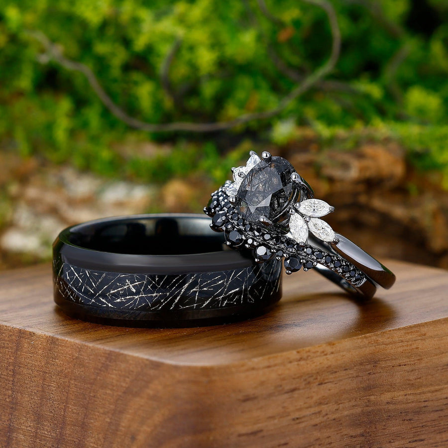 Vintage Oval Black Rutilated Quartz Gold Leaf Tungsten His and Hers Ring Set - Esdomera
