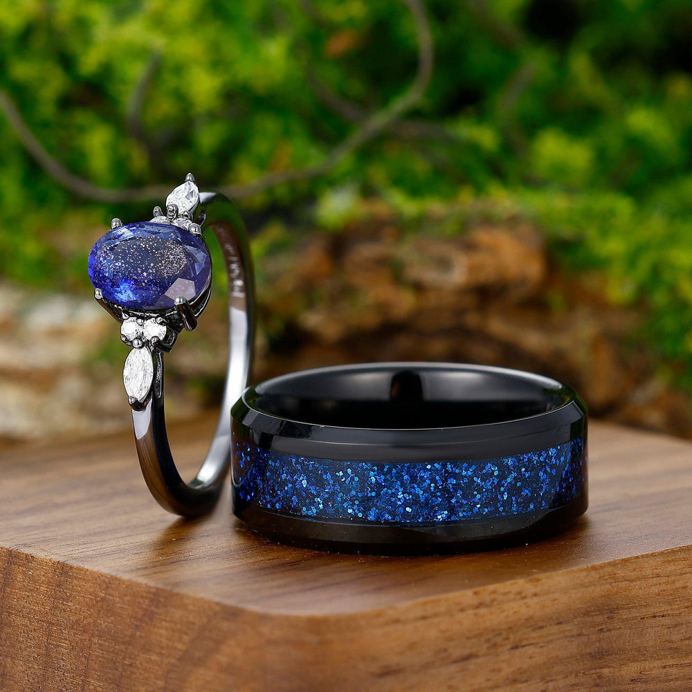 Vintage Oval Blue Sapphire & Blue Sandstone Couples Ring Black Tungsten His and Hers Wedding Band - Esdomera