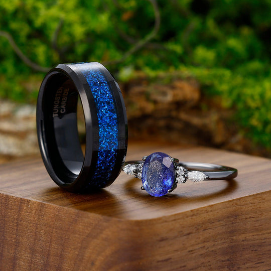 Vintage Oval Blue Sapphire & Blue Sandstone Couples Ring Black Tungsten His and Hers Wedding Band - Esdomera