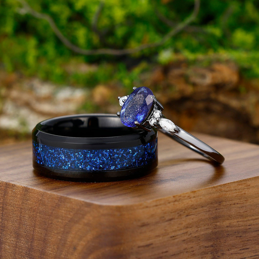 Vintage Oval Blue Sapphire & Blue Sandstone Couples Ring Black Tungsten His and Hers Wedding Band - Esdomera