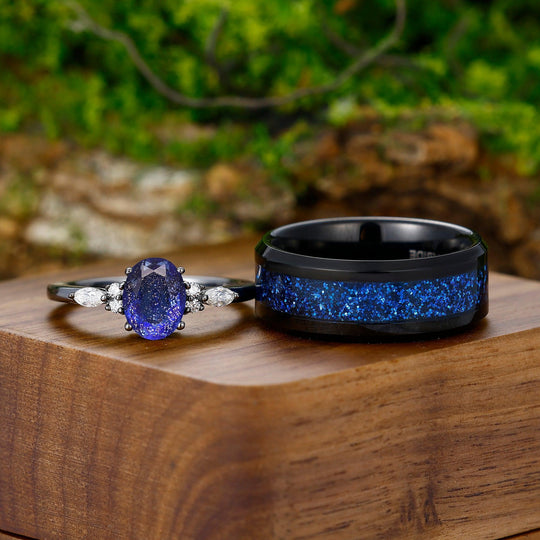 Vintage Oval Blue Sapphire & Blue Sandstone Couples Ring Black Tungsten His and Hers Wedding Band - Esdomera