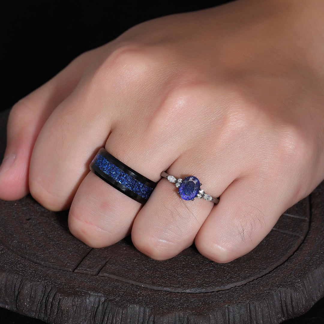 Vintage Oval Blue Sapphire & Blue Sandstone Couples Ring Black Tungsten His and Hers Wedding Band - Esdomera