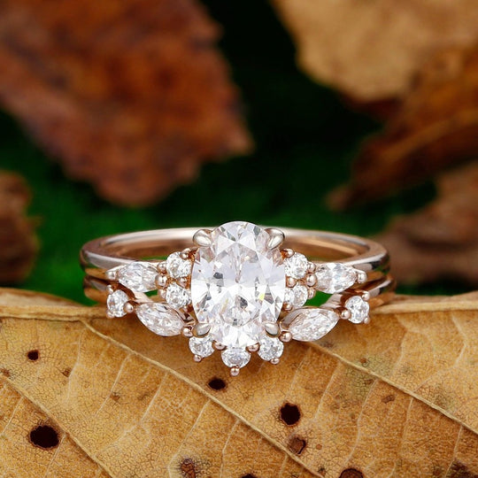 Vintage Oval Cut 14k Rose Gold Marquise Bridal Moissanite Engagement Ring Set - Esdomera