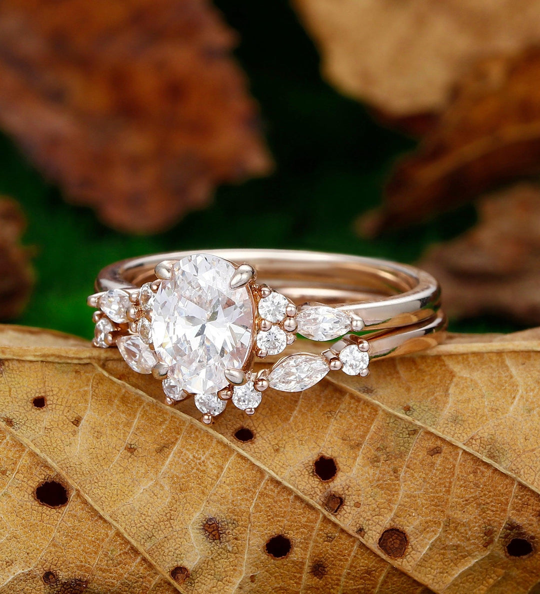 Vintage Oval Cut 14k Rose Gold Marquise Bridal Moissanite Engagement Ring Set - Esdomera