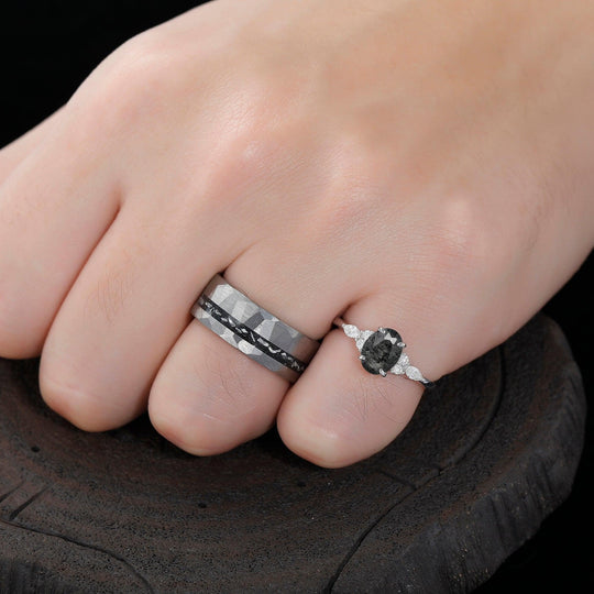 Vintage Oval Herkimer Sliver Ring Hammered Meteorite His and Hers Wedding Band - Esdomera