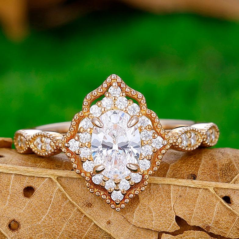 Vintage Oval Moissanite Engagement Ring Deco Milgrain Moissanite Floral Ring Women Wedding Ring - Esdomera