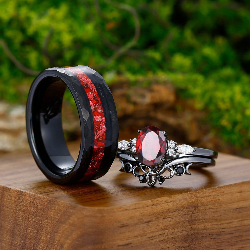 Vintage Oval Red Garnet & Tungsten Ruby Couples Ring Set 925 Sterling Sliver Black His and Hers Wedding Band - Esdomera