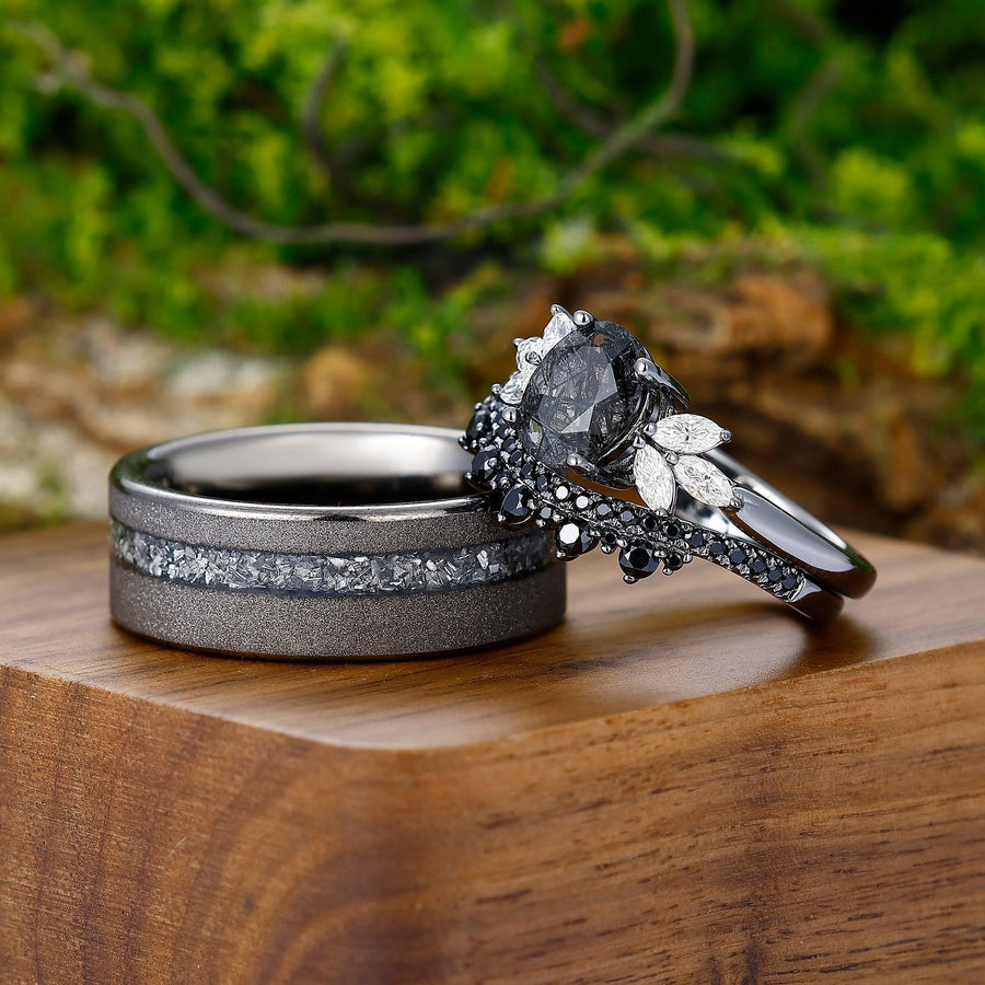 Vintage Oval Rutilated Quartz & Aluminum Tungsten Couples Ring Set His and Hers Black Diamond Wedding Band - Esdomera