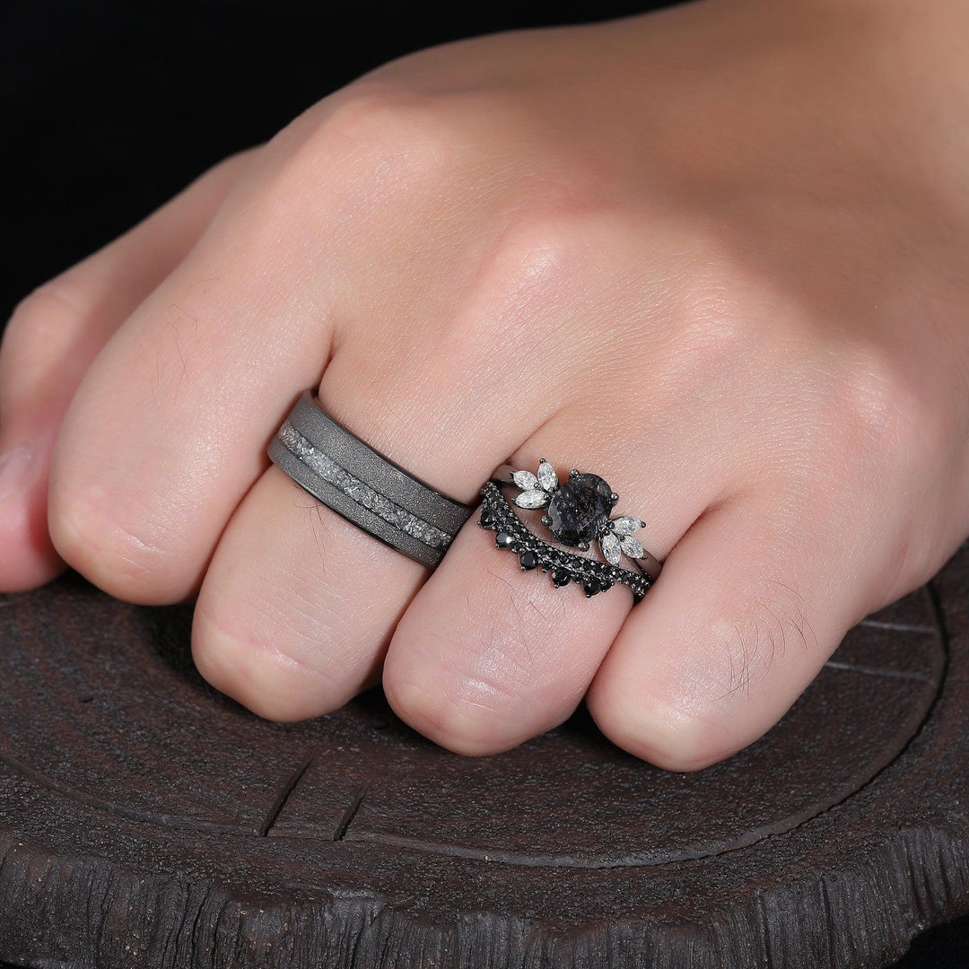 Vintage Oval Rutilated Quartz & Aluminum Tungsten Couples Ring Set His and Hers Black Diamond Wedding Band - Esdomera