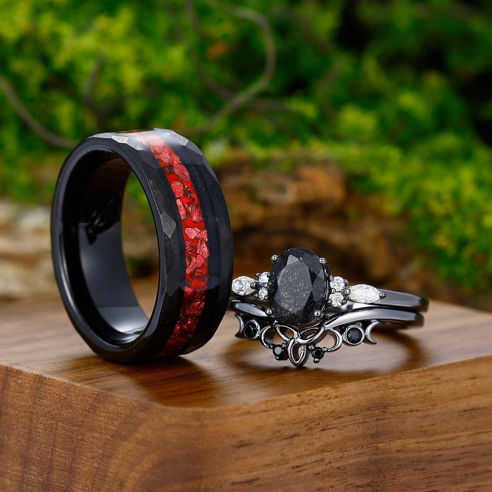Vintage Oval Rutilated Quartz & Red Ruby Couples Ring Set His and Hers Black Diamond Wedding Band - Esdomera