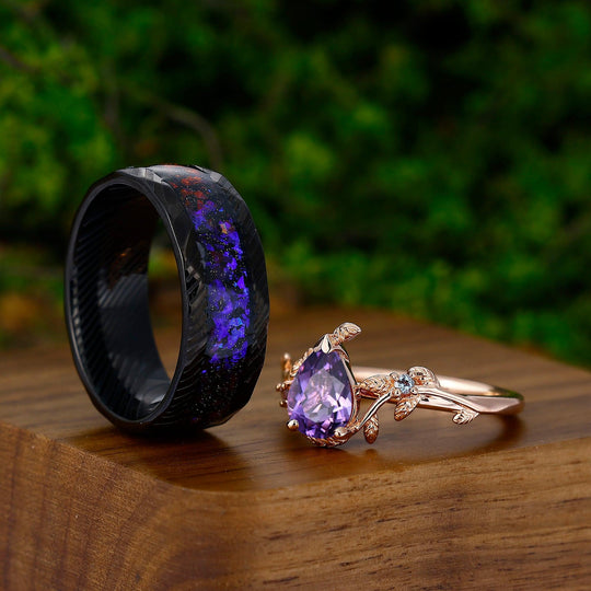 Vintage Pear Amethyst Leaf Rose Gold Unique Damascus Galaxy Tungsten Ring For Couples - Esdomera